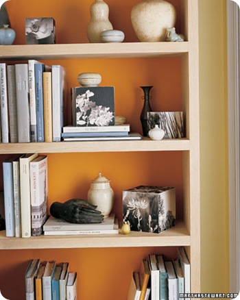 orange painted bookcase martha stewart