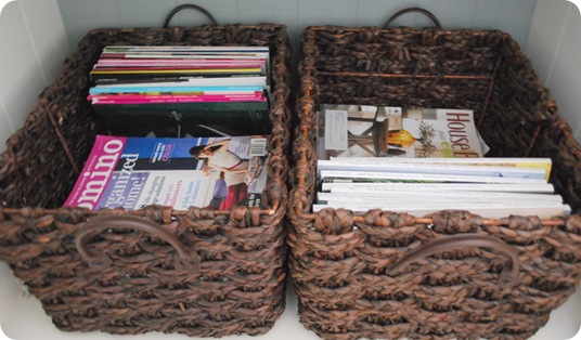 magazines in baskets