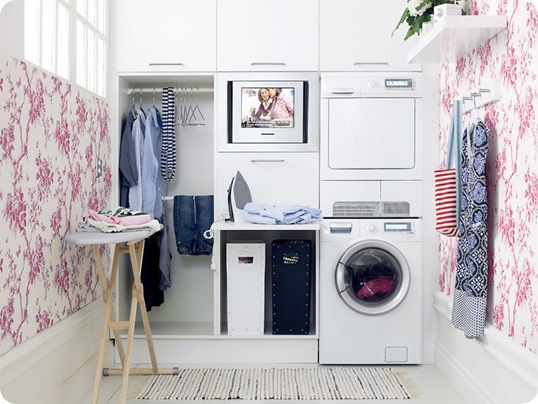 wallpapered laundry room
