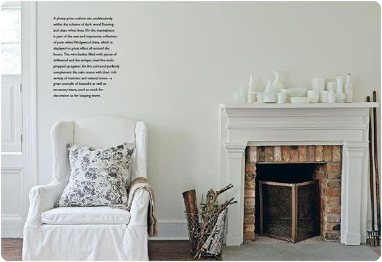 white slipcover and fireplace