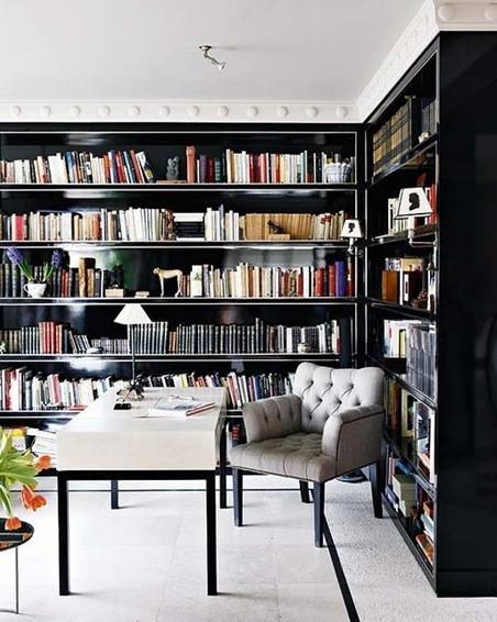 black lacquer bookshelves via lgn