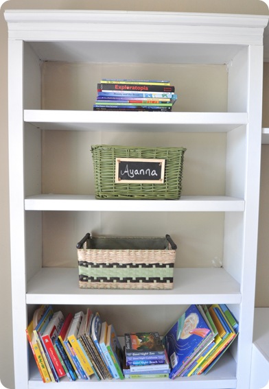 baskets and books on shelf