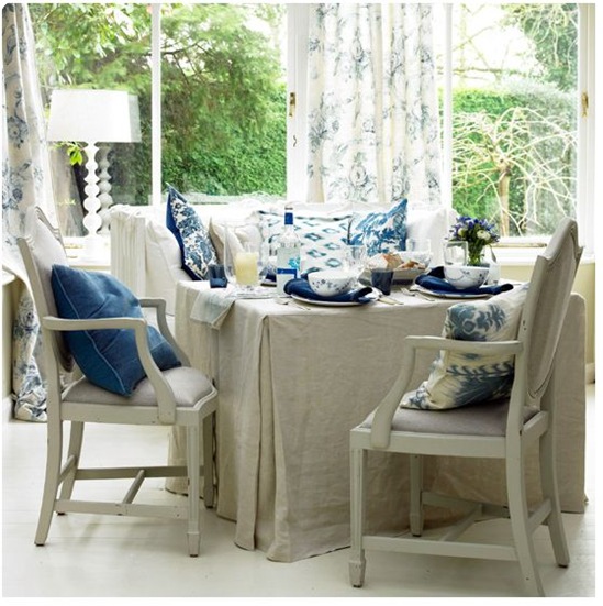 blue white and linen dining