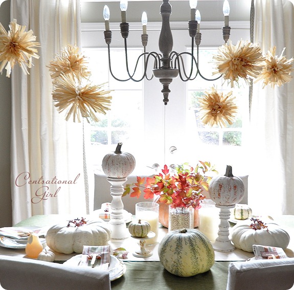 kate's fall dining room with pom poms
