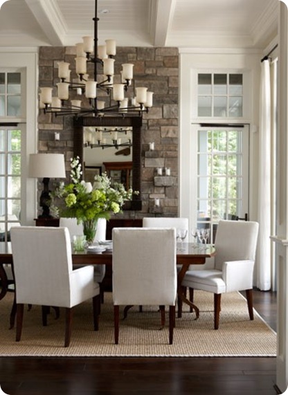 neutral dining room stone wall