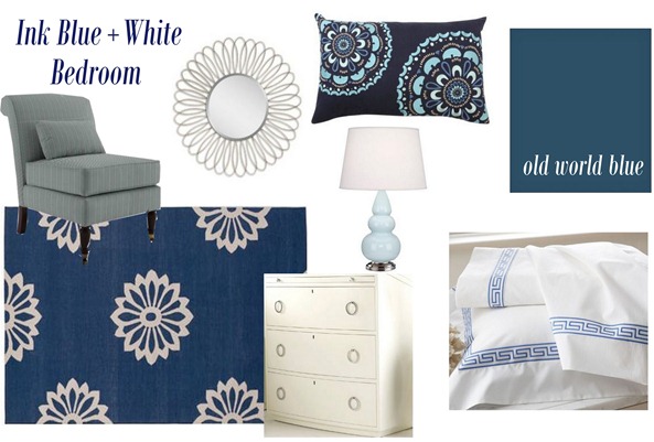 ink blue and white bedroom