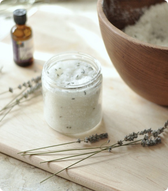 spoon lavender scrub into jar