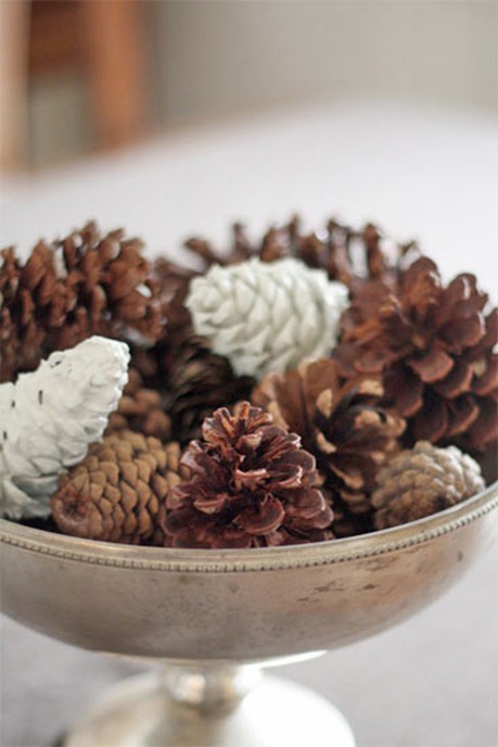 pine cones in silver urn