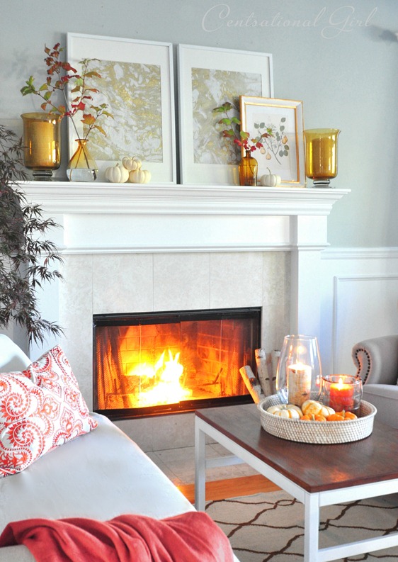autumn mantel and framed marbled paper
