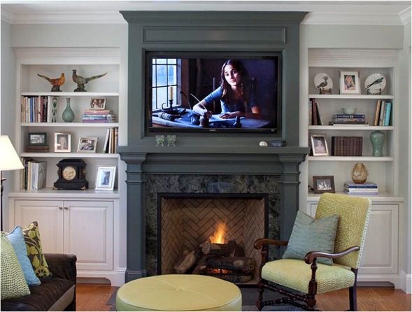 tv above mantel with bookcases
