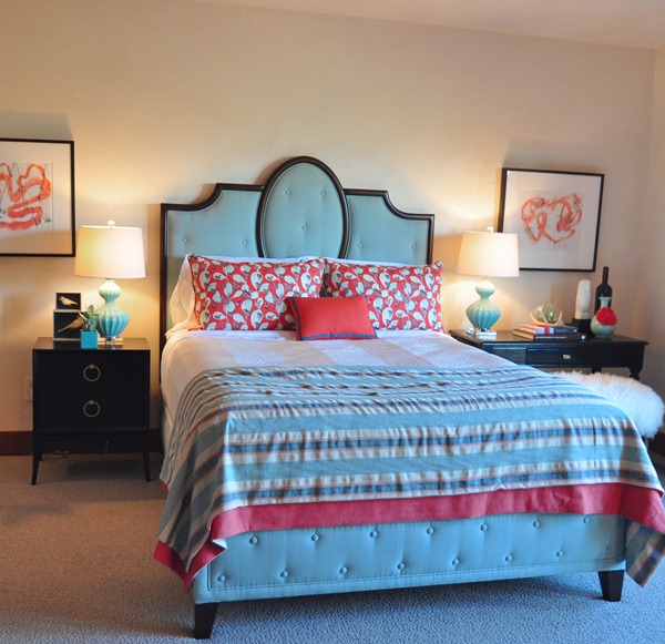 aqua and coral bedroom