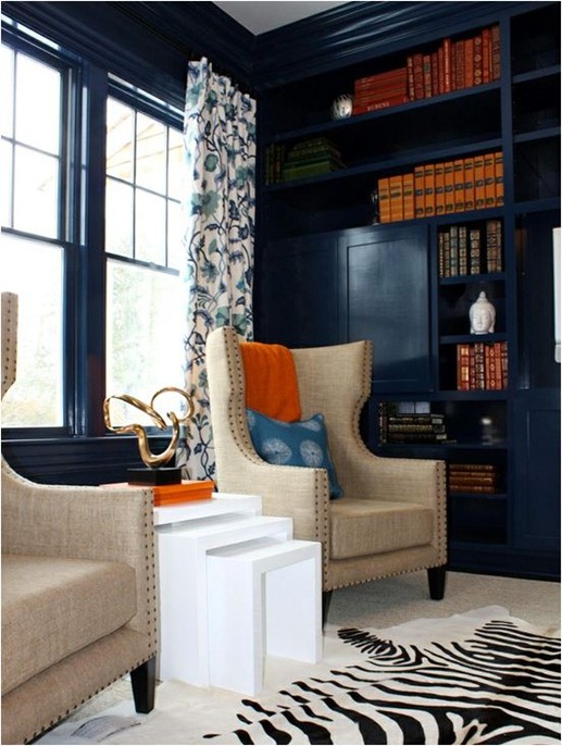 blue walls and bookcases porter design