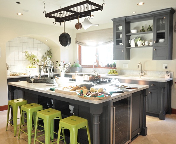 gray painted cabinets green stools