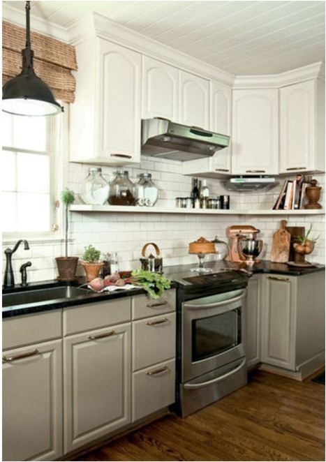 lower gray upper white cabinets