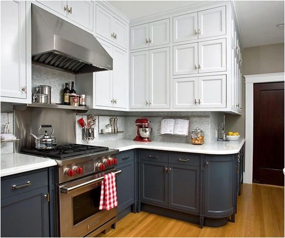 white upper gray lower kitchen cabinets
