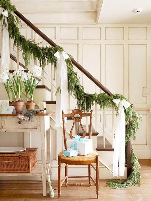 evergreen garland on stairs