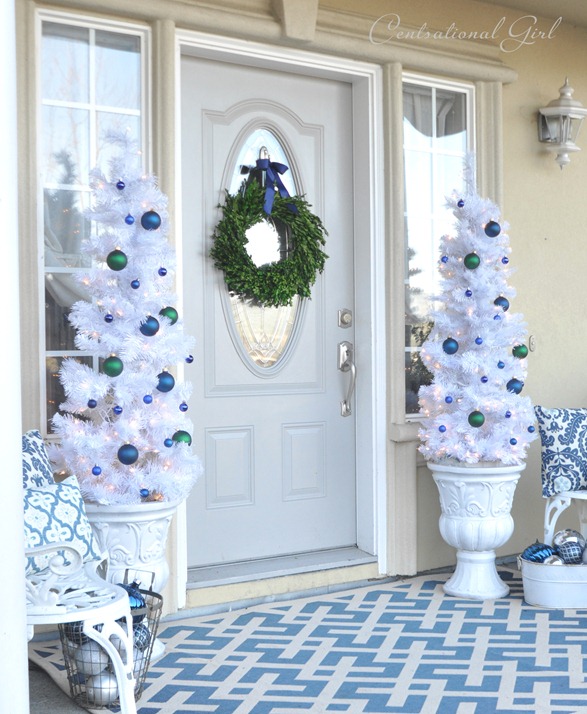 blue and white christmas porch