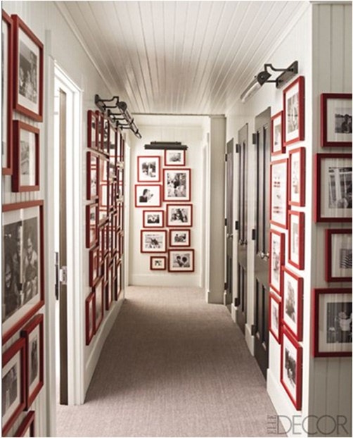 black and white photos in red frames