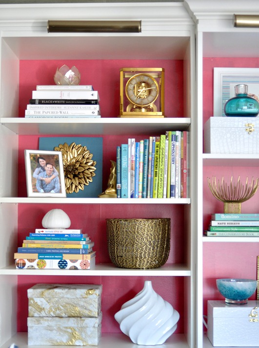 pink back to bookcases