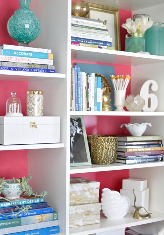 pink backed bookcases