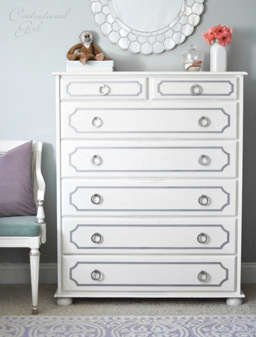 painted white dresser with gray overlays