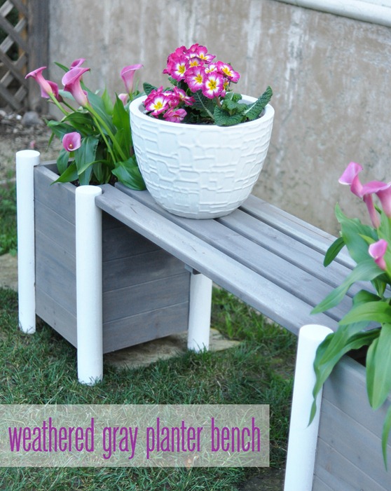 weathered gray and white planter bench