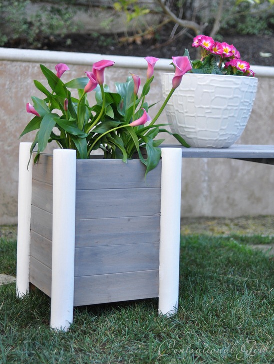 weathered gray planter and bench