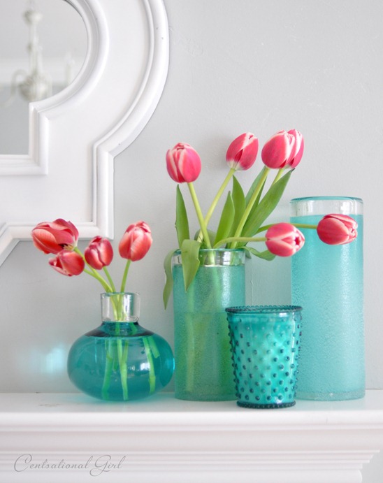 coral tulips blue vases