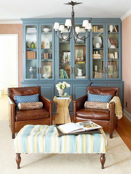 blue cabinets leather chairs bhg