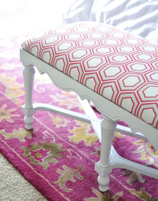 pink honeycome fabric on bench