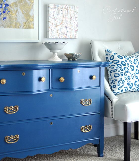 blue painted dresser with gold pulls 