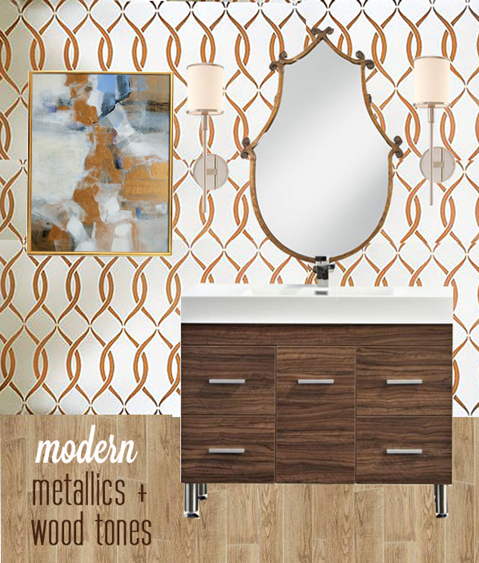 modern metallics and wood tones powder room