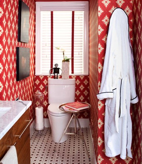 red wallpaper in bathroom