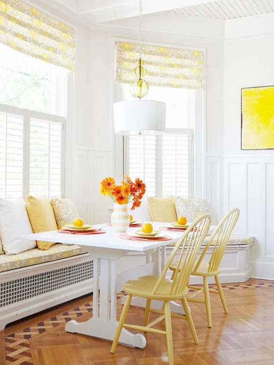 yellow chairs in breakfast nook bhg