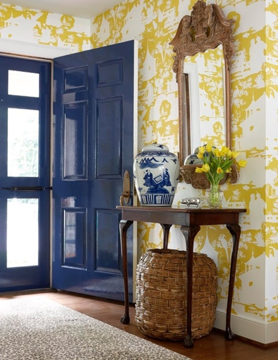 yellow wallpaper blue door