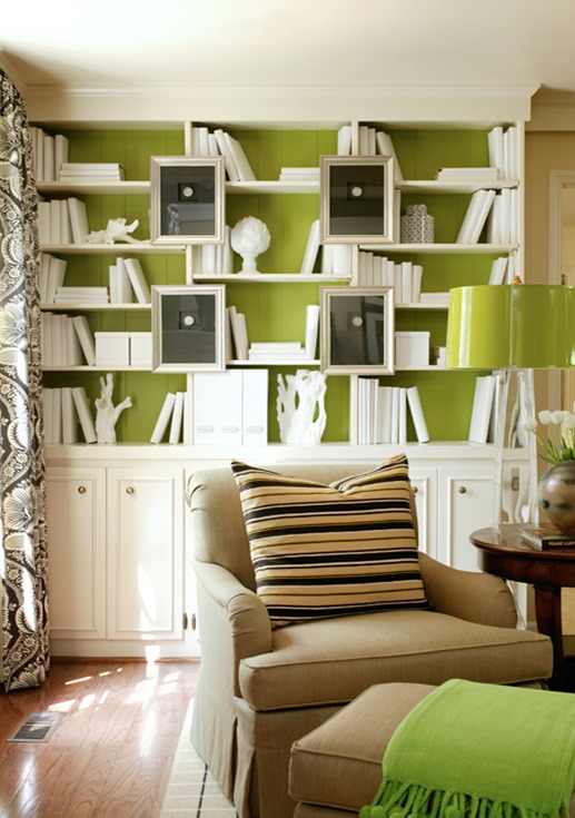 green painted backs to built in bookcases