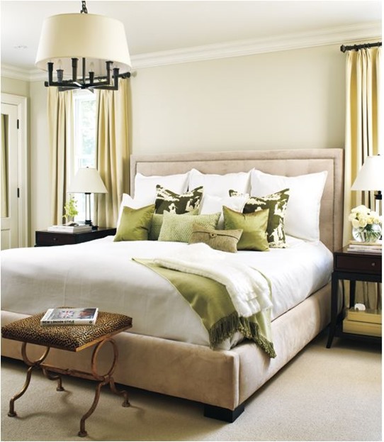 neutral and green bedroom