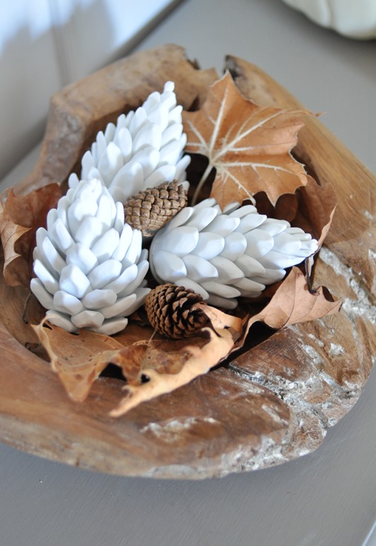 wood bowl with ceramic pinecones