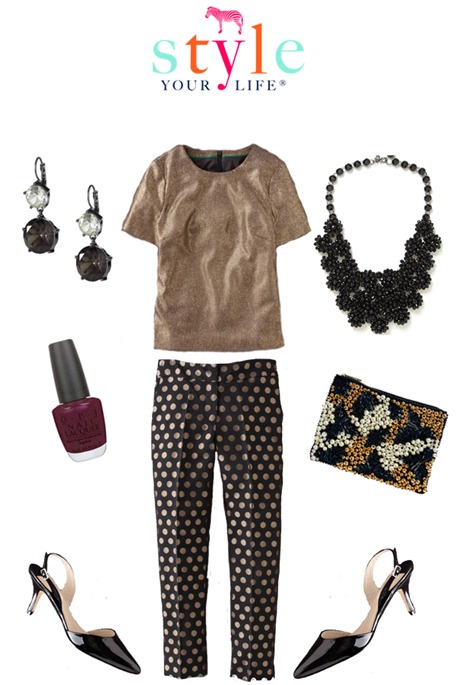 casual dressy black and gold holiday outfit