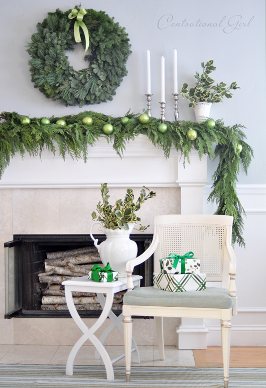 evergreen wreath and garland on mantel