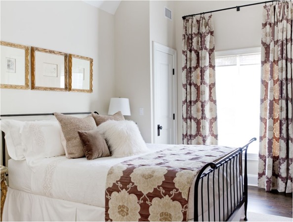 neutral bedroom with mod floral textiles