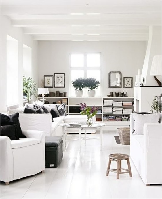 white sofas and shelves