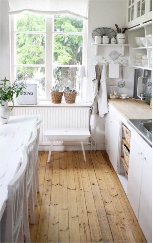 wood floors white kitchen