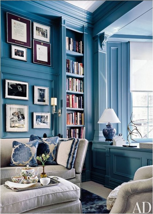 blue painted millwork and built ins