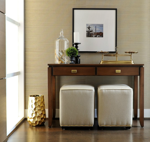 foyer console and ottomans