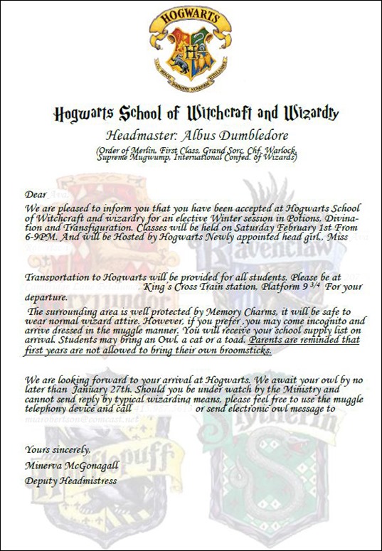 hogwarts acceptance party invitation