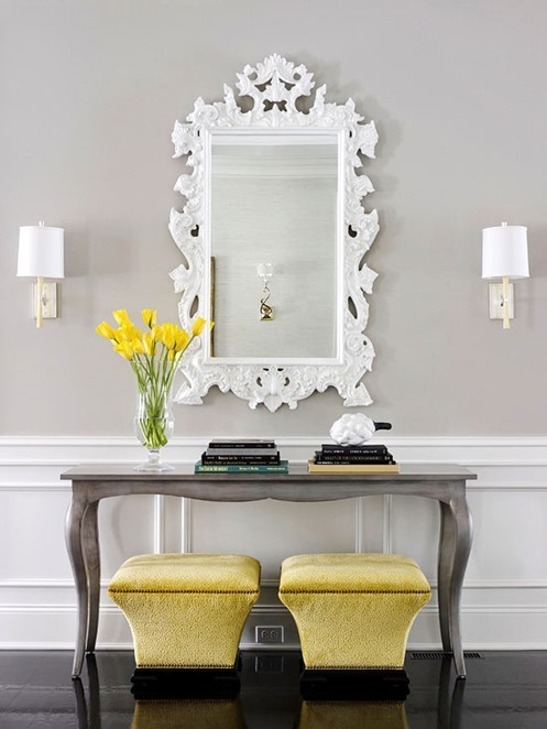 ornate white mirror gray console bhg