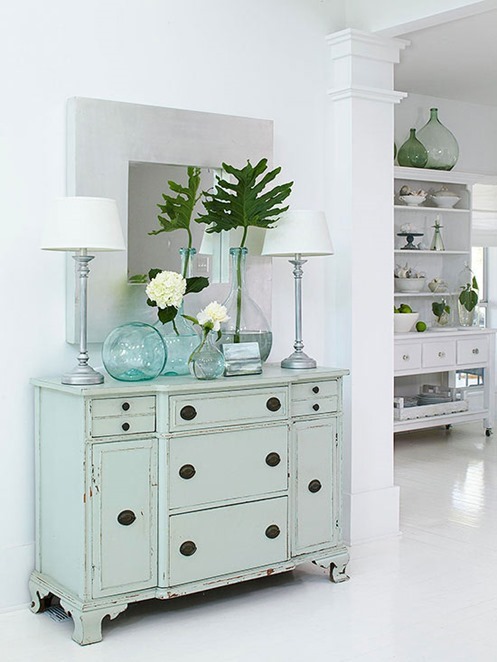 pale blue cabinet in entry bhg