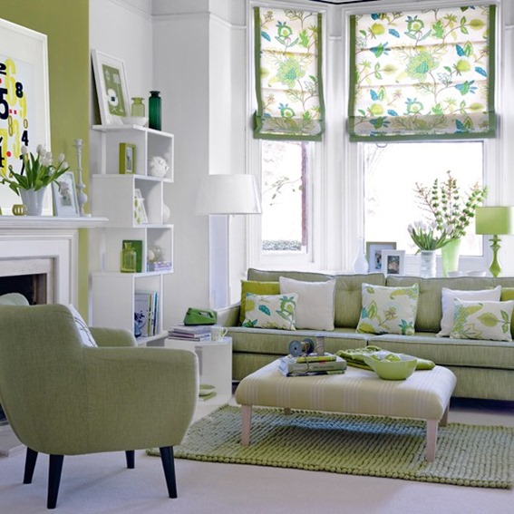 green sofa and accents