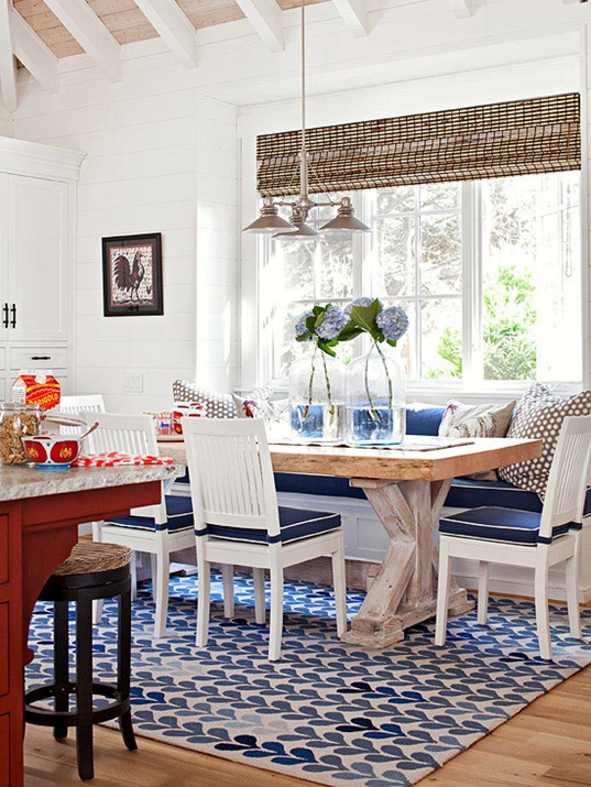 navy blue and white banquette